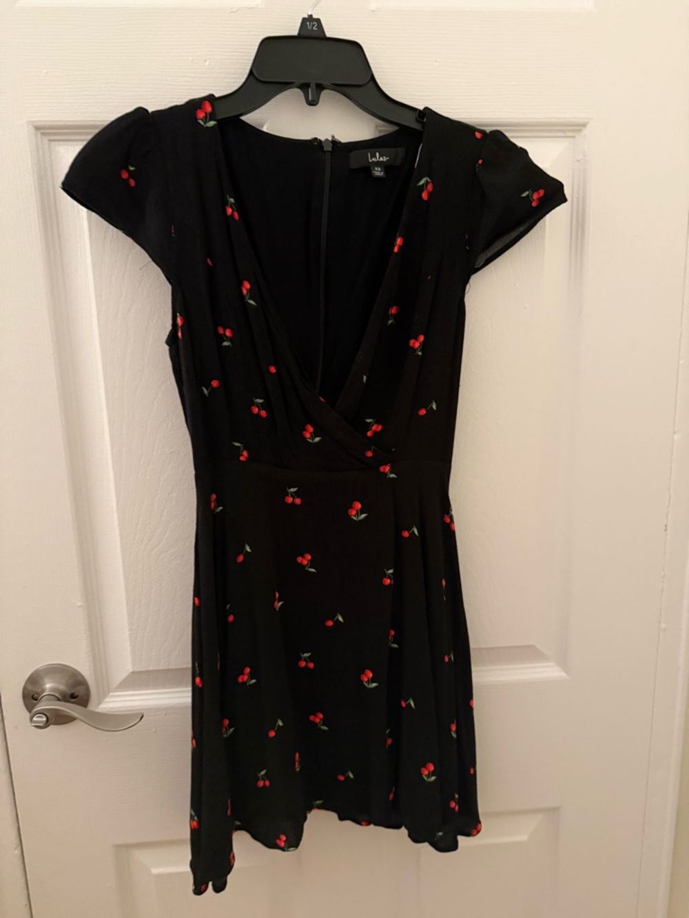 Lulu's Black Cherry-Print V-Neck Mini Dress - Picture 2 of 3